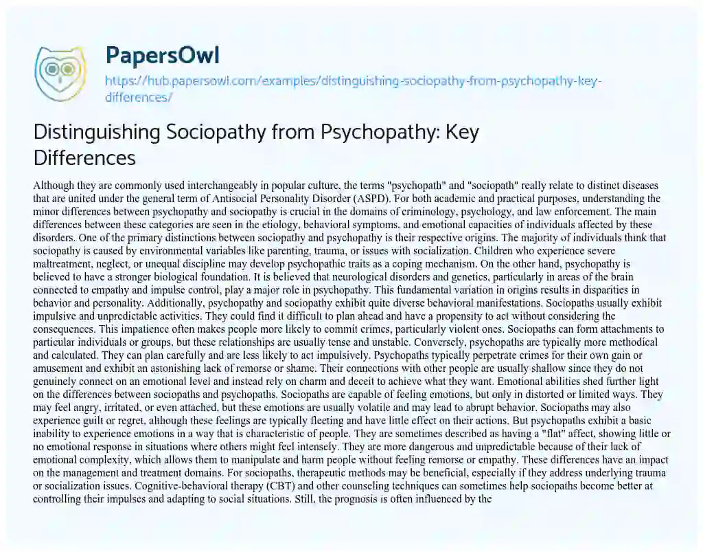 Essay on Distinguishing Sociopathy from Psychopathy: Key Differences
