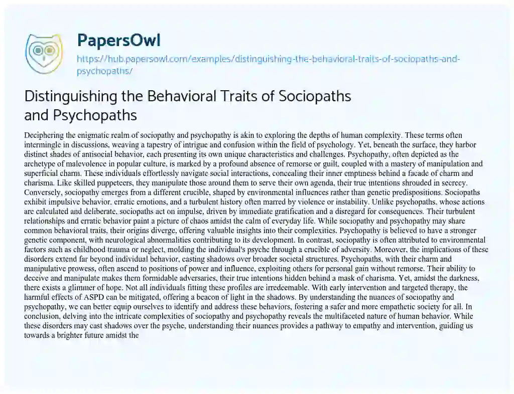 Essay on Distinguishing the Behavioral Traits of Sociopaths and Psychopaths