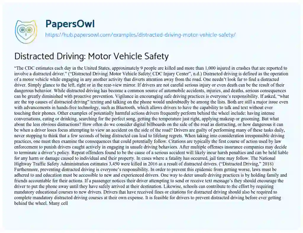 Essay on Distracted Driving: Motor Vehicle Safety