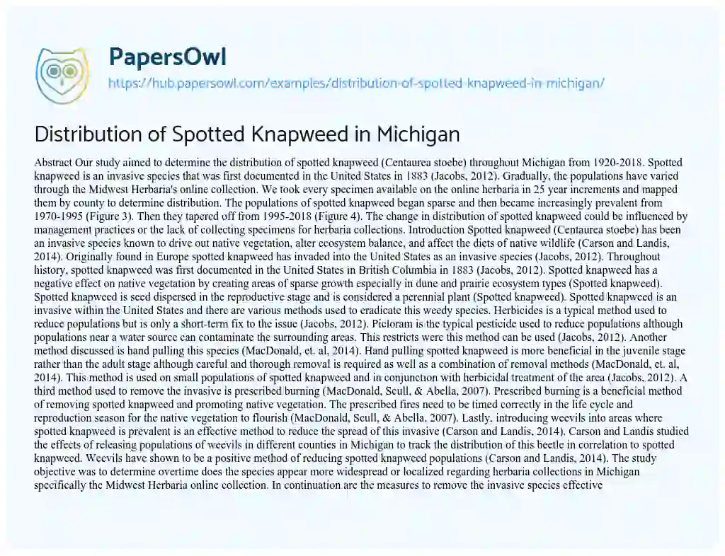 Essay on Distribution of Spotted Knapweed in Michigan