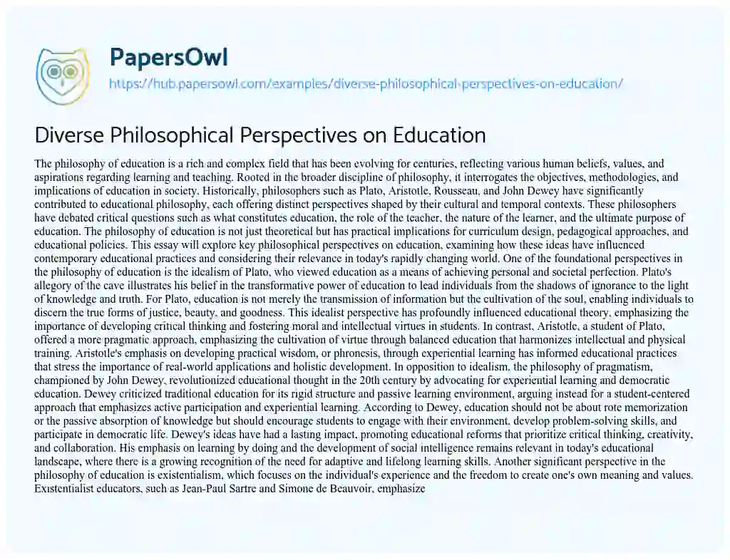 Essay on Diverse Philosophical Perspectives on Education