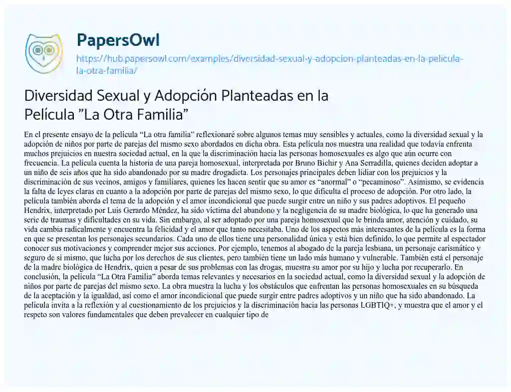 Essay on Diversidad Sexual y Adopción Planteadas en la Película “La Otra Familia”