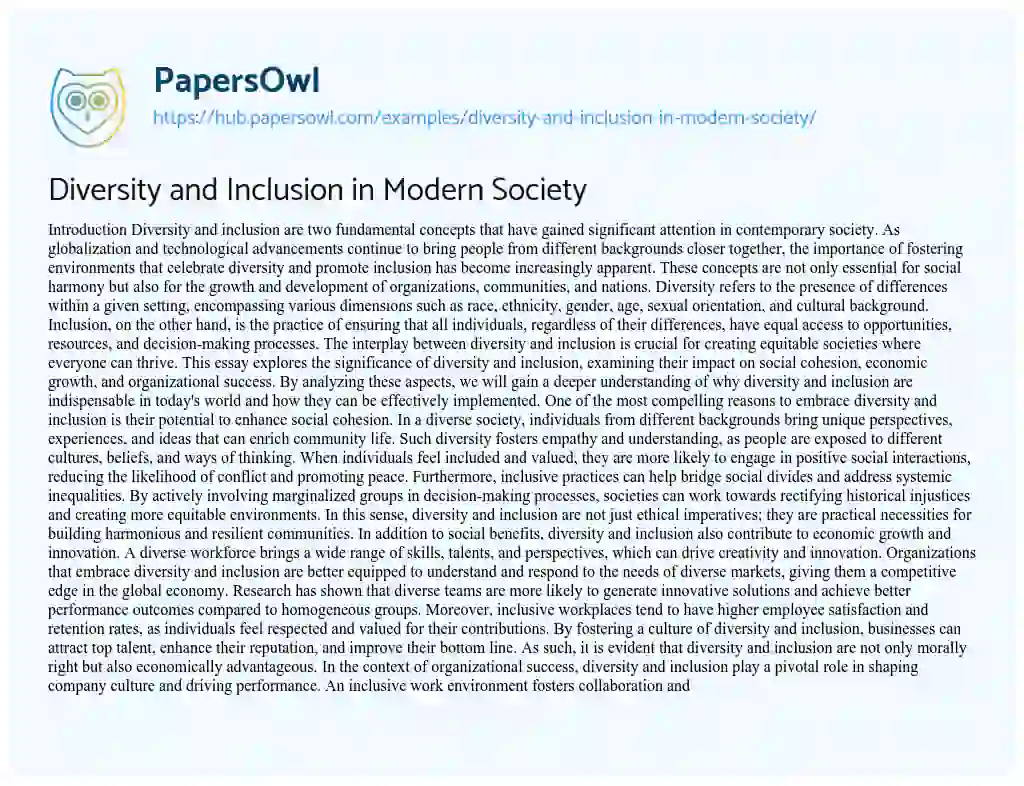 Essay on Diversity and Inclusion in Modern Society