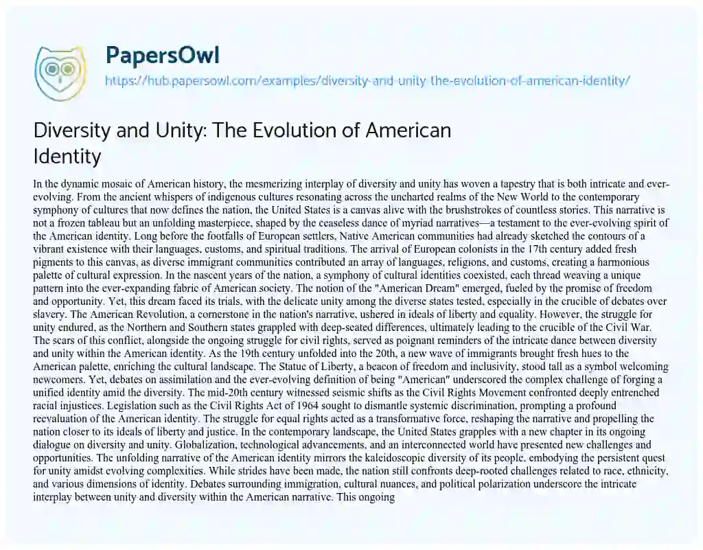 Essay on Diversity and Unity: The Evolution of American Identity