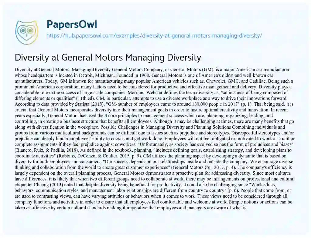 Essay on Diversity at General Motors Managing Diversity