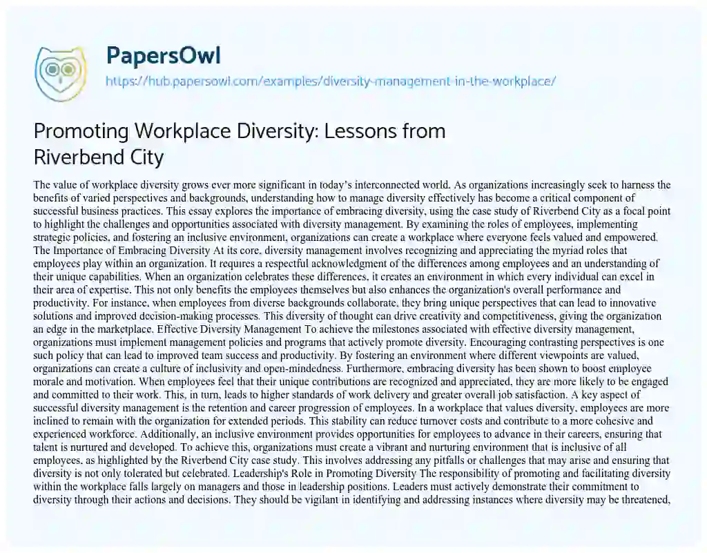 Essay on Promoting Workplace Diversity: Lessons from Riverbend City