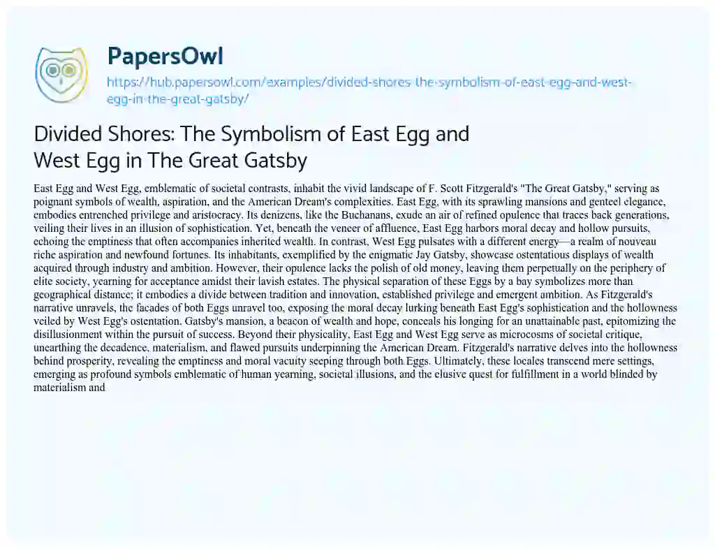 Essay on Divided Shores: The Symbolism of East Egg and West Egg in The Great Gatsby