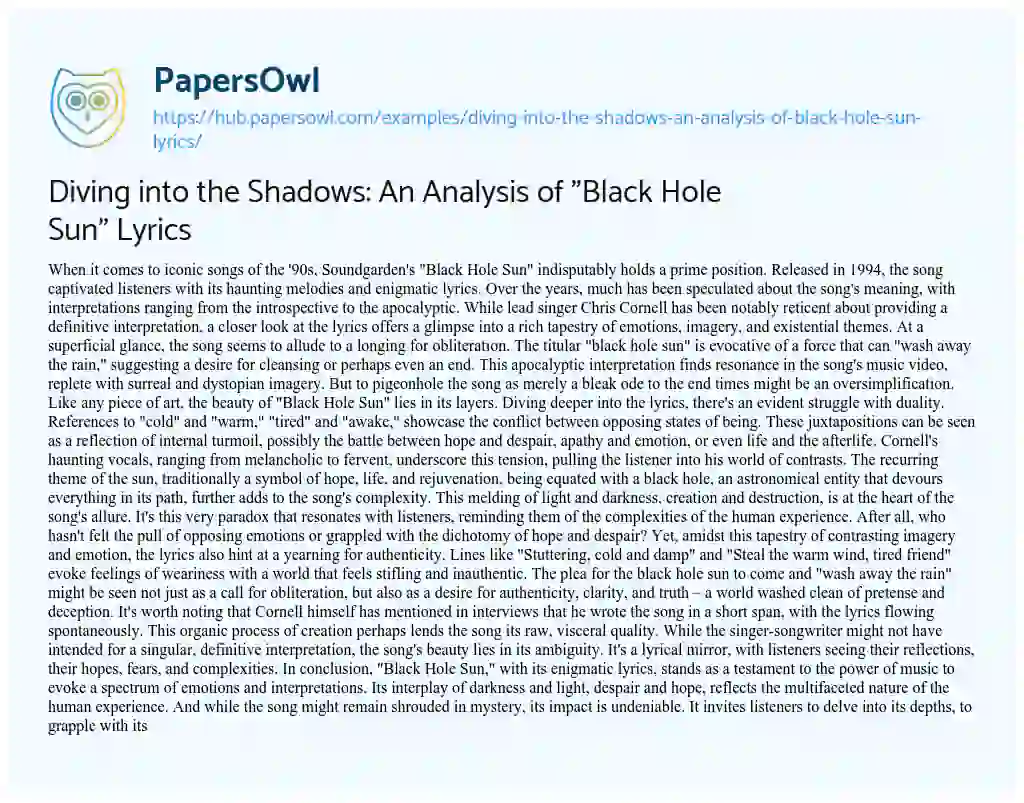 Essay on Diving into the Shadows: An Analysis of “Black Hole Sun” Lyrics