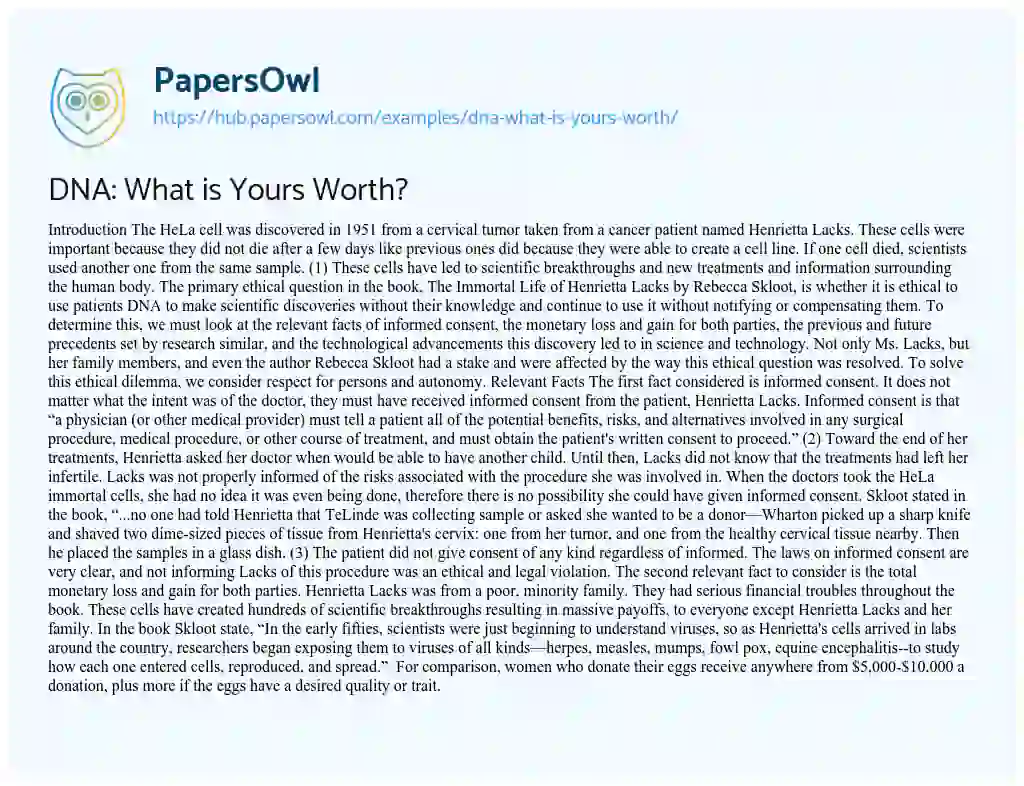 Essay on DNA: What is Yours Worth?