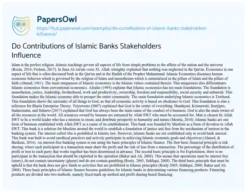 Essay on Do Contributions of Islamic Banks Stakeholders Influence