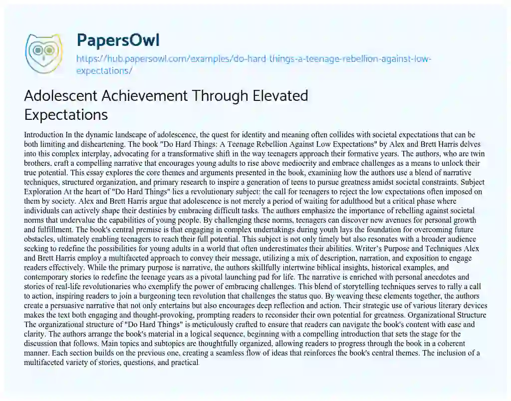 Essay on Adolescent Achievement Through Elevated Expectations