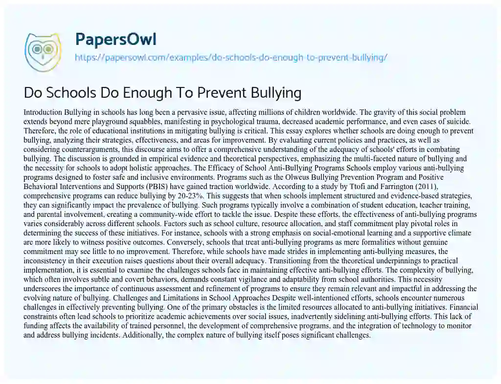 Essay on Do Schools Do Enough To Prevent Bullying