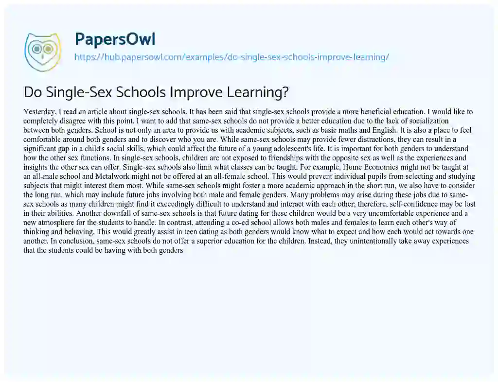 Essay on Do Single-Sex Schools Improve Learning?