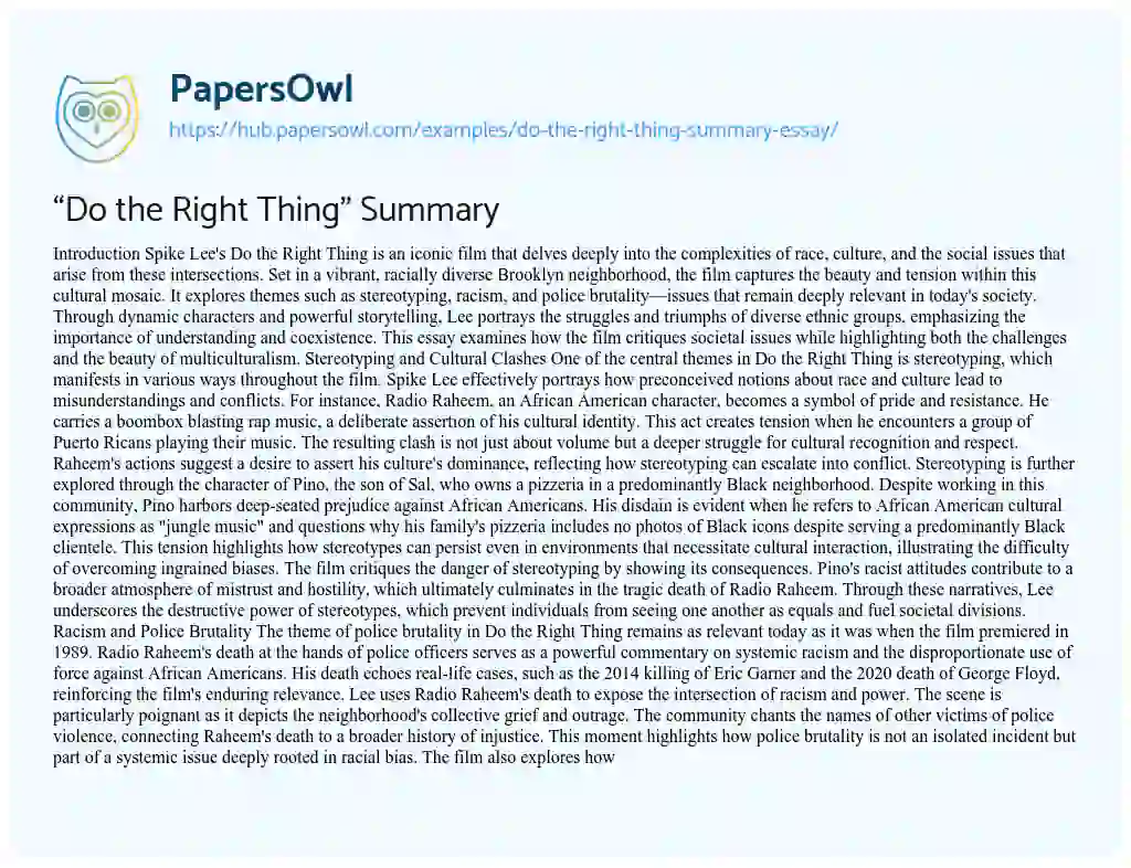 Essay on “Do the Right Thing” Summary