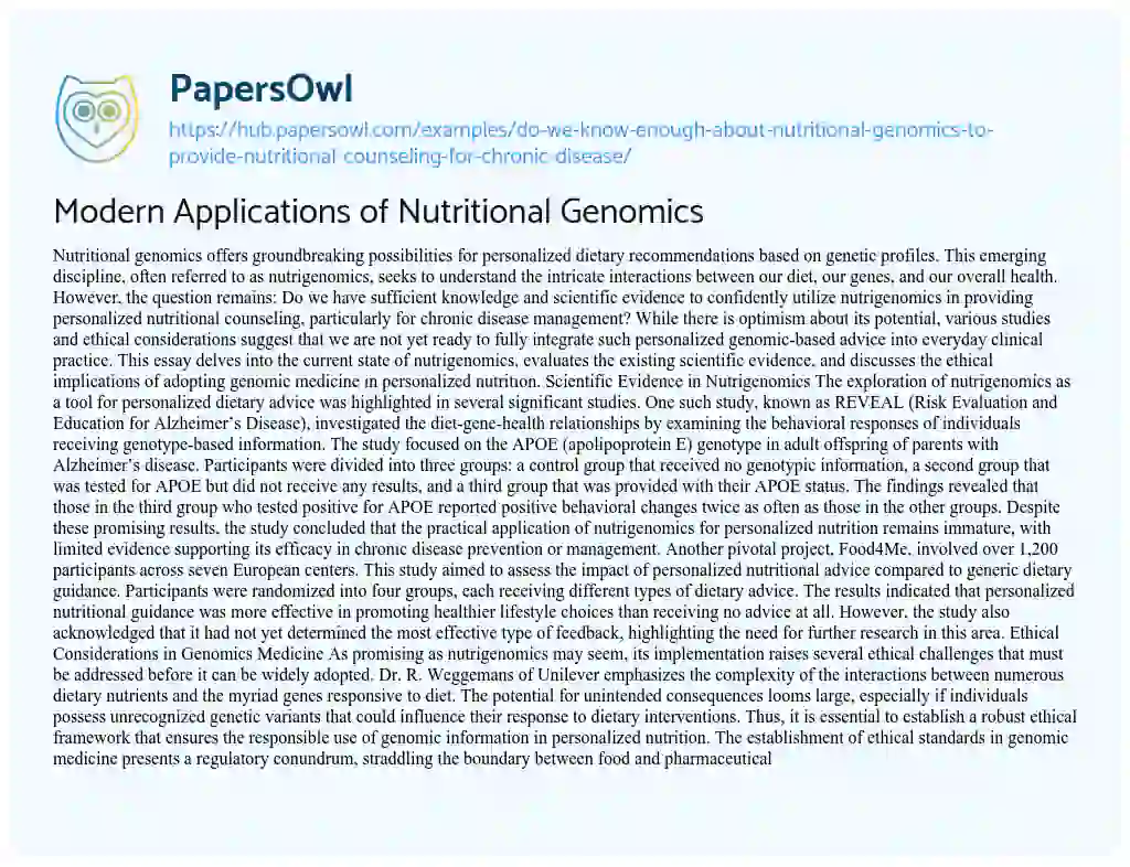 Essay on Modern Applications of Nutritional Genomics