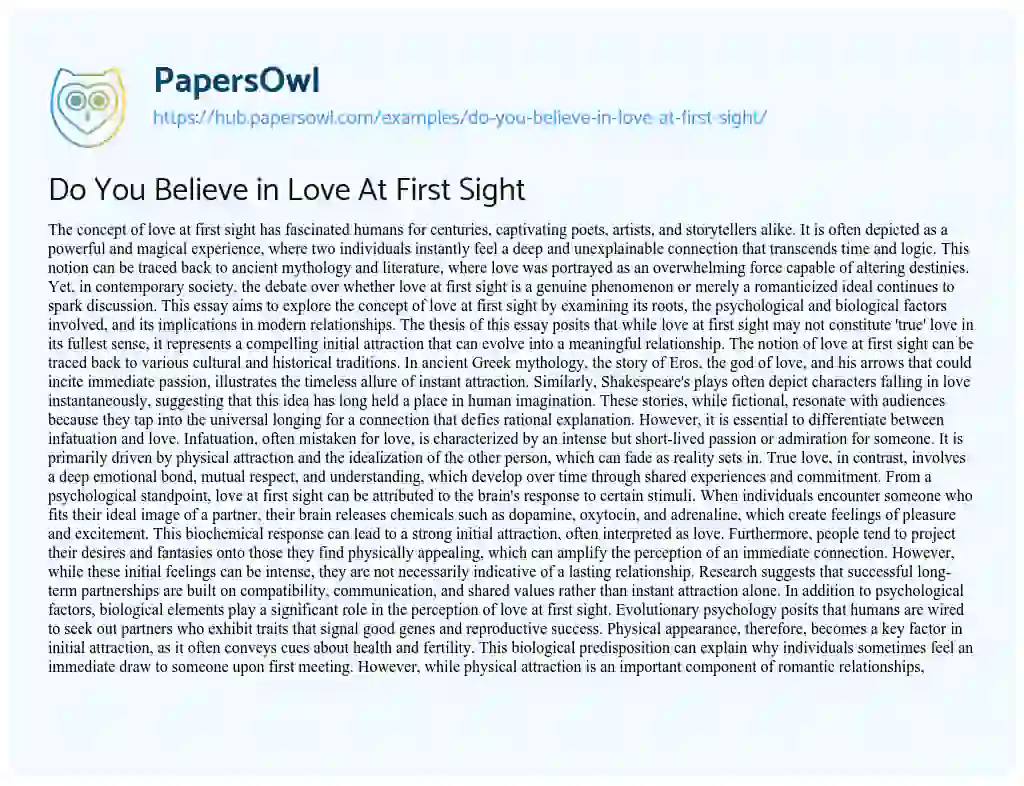Essay on Do You Believe in Love At First Sight