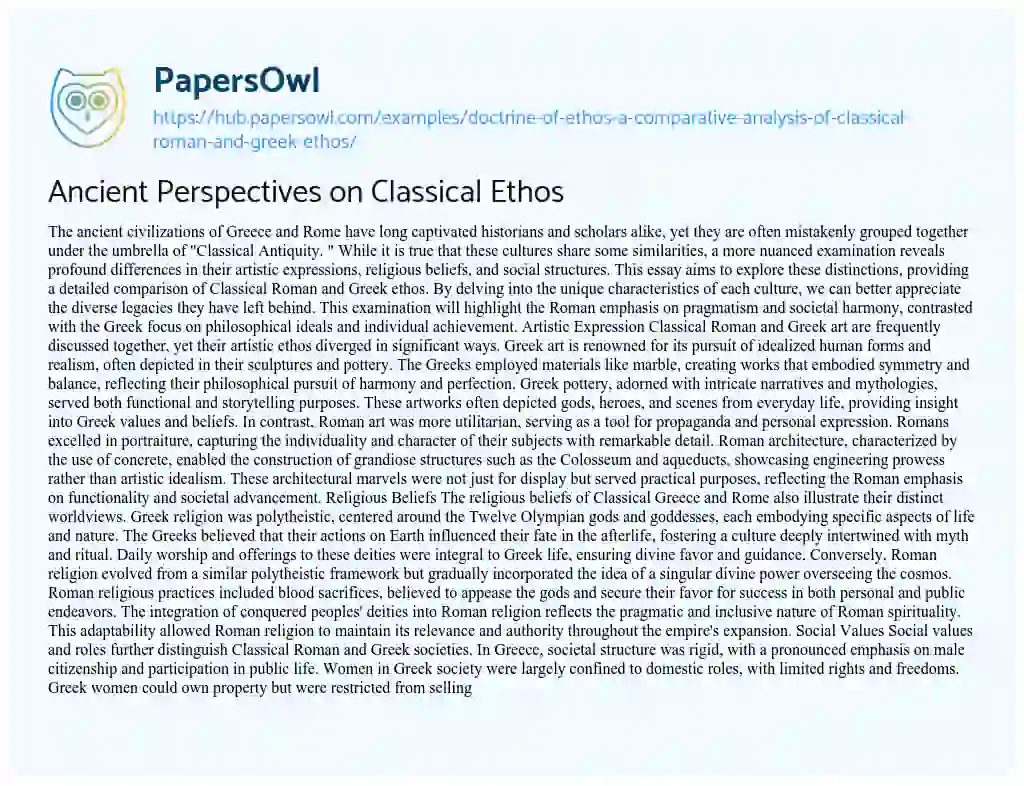 Essay on Ancient Perspectives on Classical Ethos