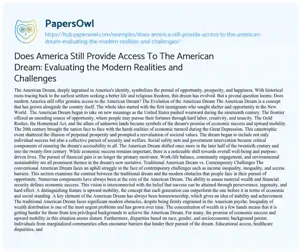Essay on Does America Still Provide Access To The American Dream: Evaluating the Modern Realities and Challenges