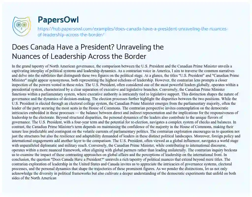 Essay on Does Canada Have a President? Unraveling the Nuances of Leadership Across the Border