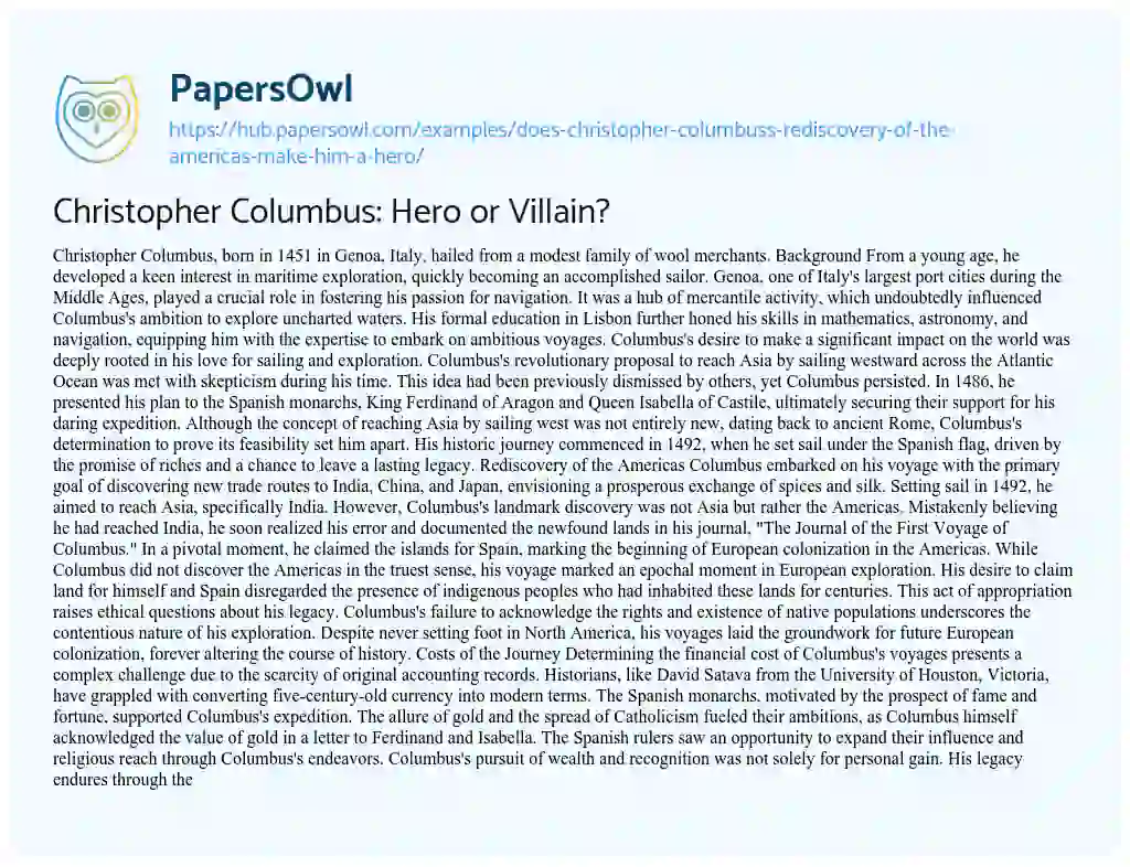 Essay on Christopher Columbus: Hero or Villain?