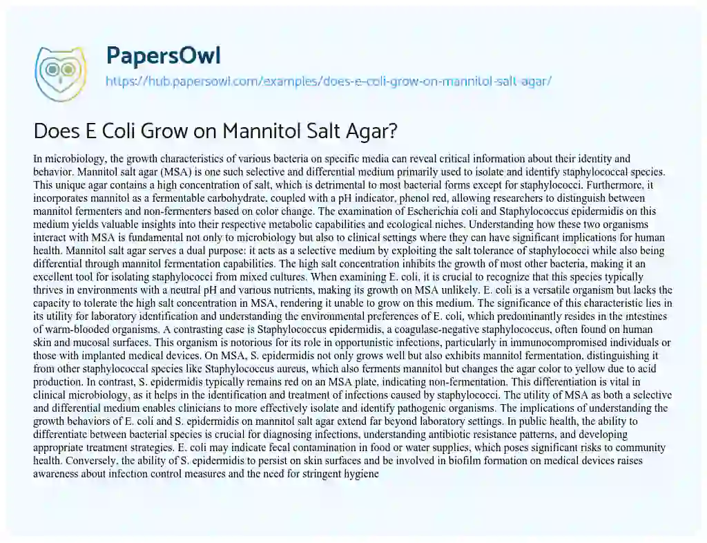 Essay on Does E Coli Grow on Mannitol Salt Agar?