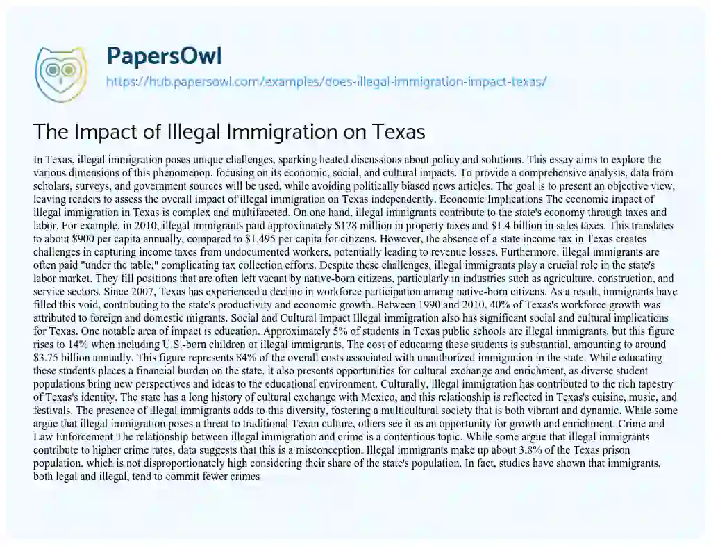 Essay on The Impact of Illegal Immigration on Texas