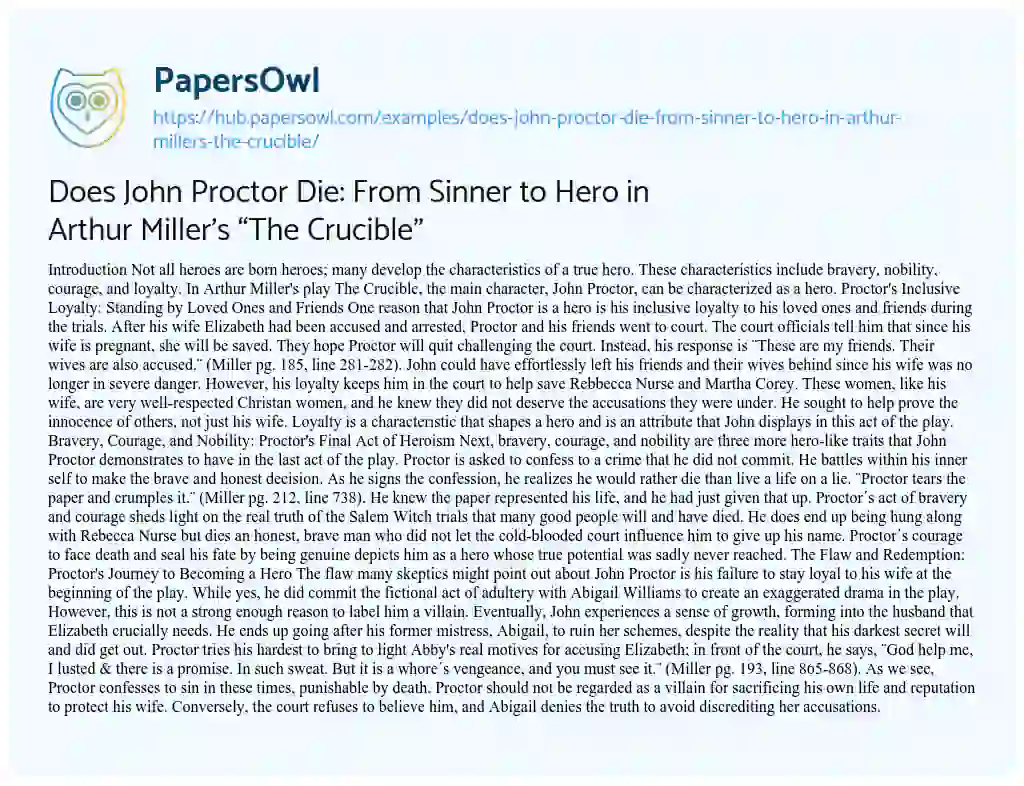 Essay on Does John Proctor Die: From Sinner to Hero in Arthur Miller’s “The Crucible”