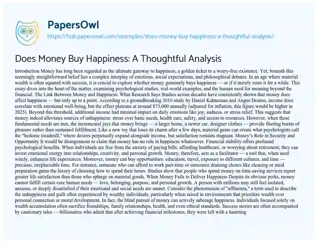 Essay on Does Money Buy Happiness: A Thoughtful Analysis