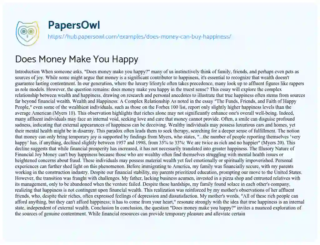 Essay on Does Money Make You Happy