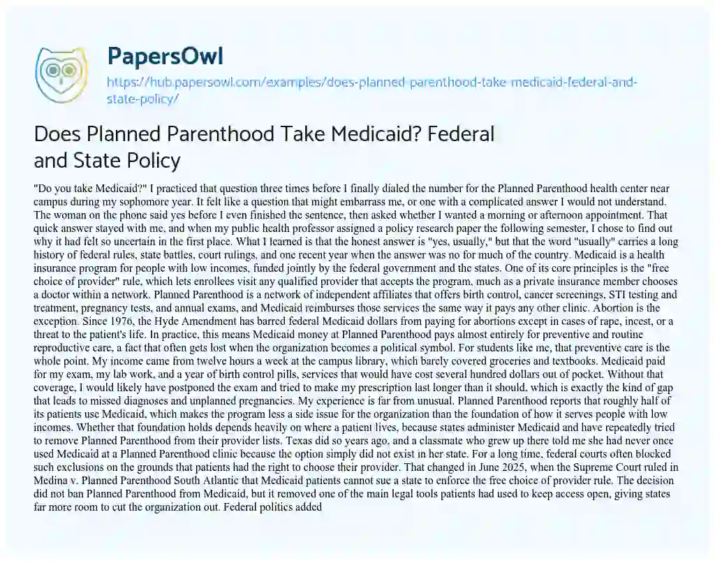 Essay on Does Planned Parenthood Take Medicaid? Federal and State Policy