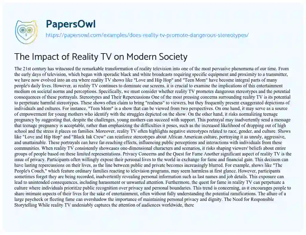 Essay on The Impact of Reality TV on Modern Society