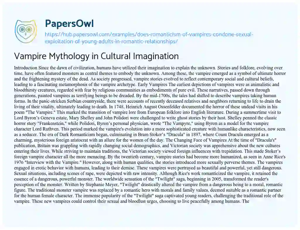 Essay on Vampire Mythology in Cultural Imagination