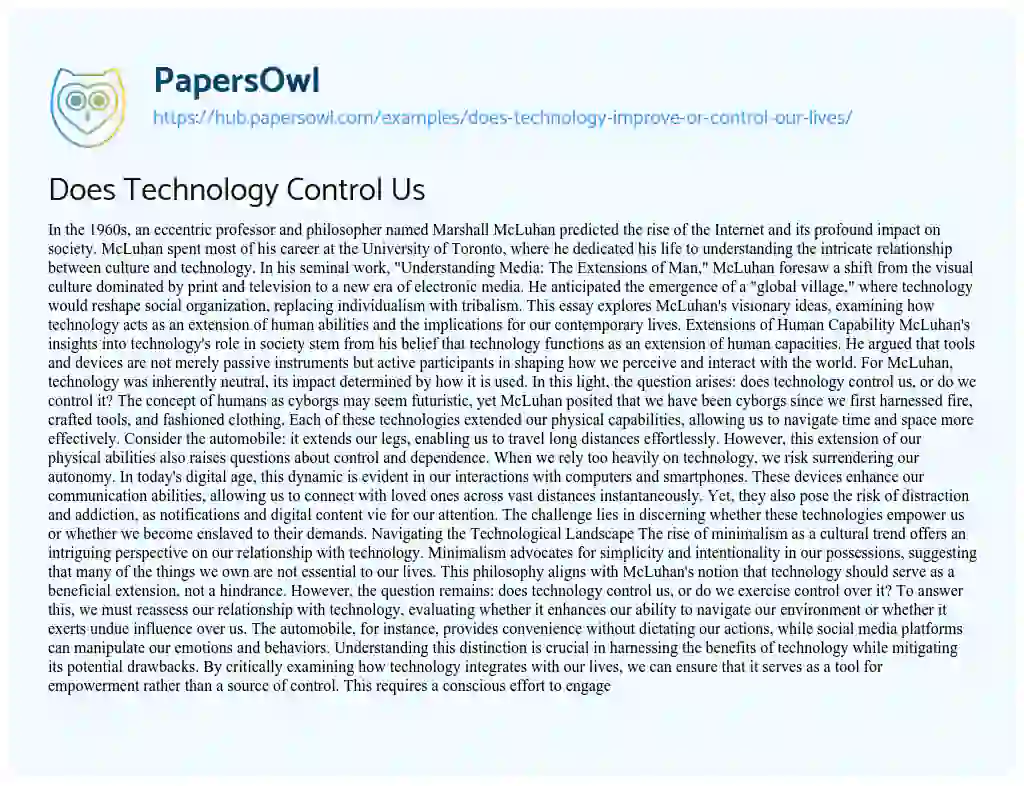Essay on Does Technology Control Us