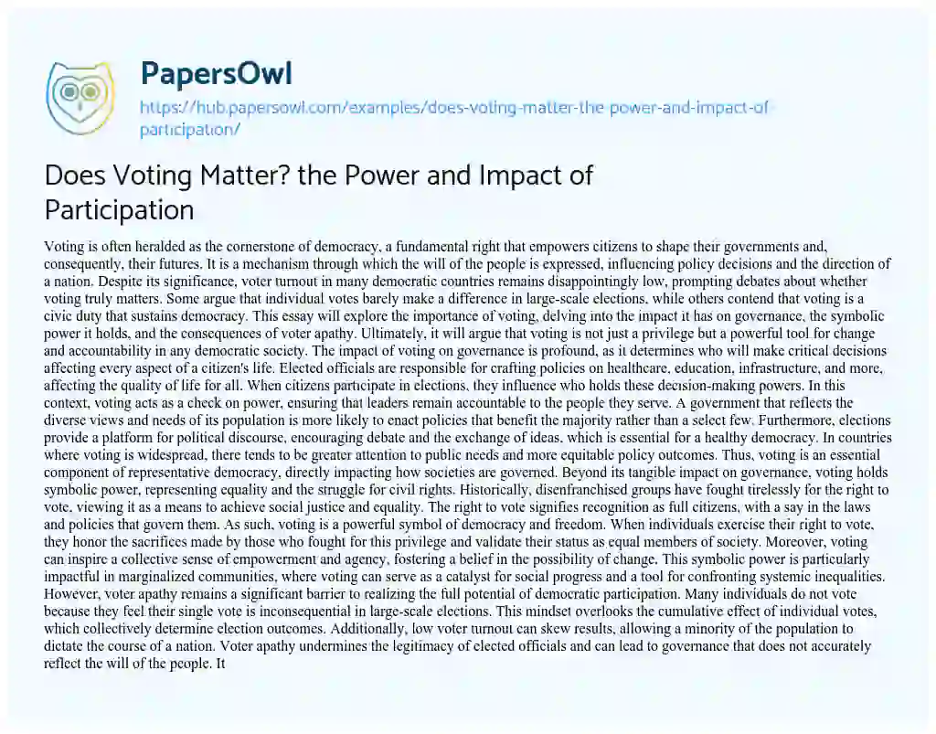 Essay on Does Voting Matter? the Power and Impact of Participation