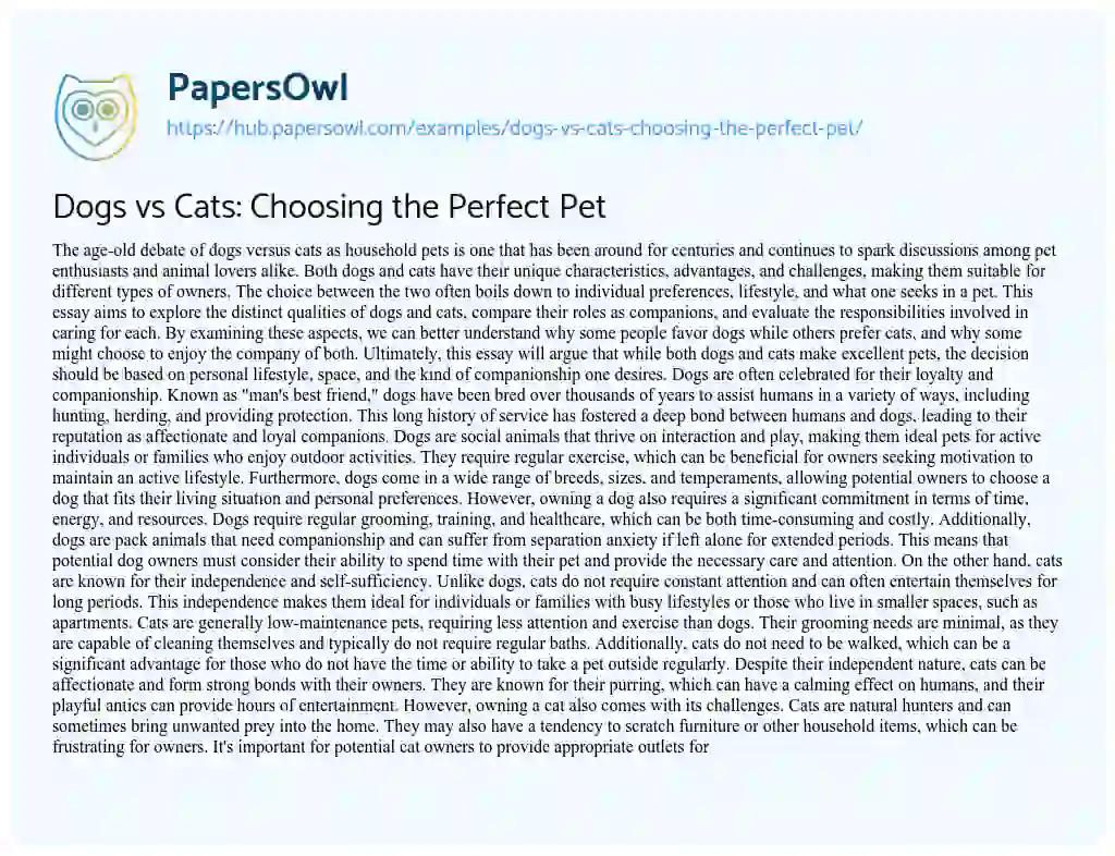 Essay on Dogs vs Cats: Choosing the Perfect Pet