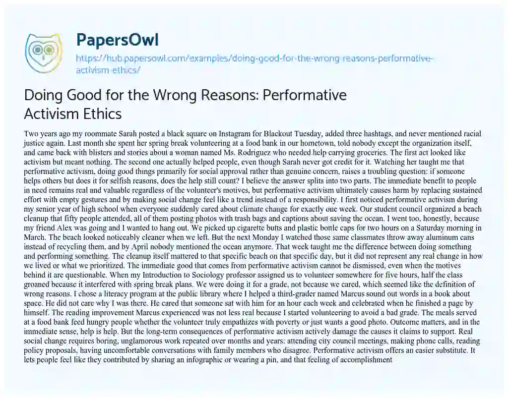 Essay on Doing Good for the Wrong Reasons: Performative Activism Ethics
