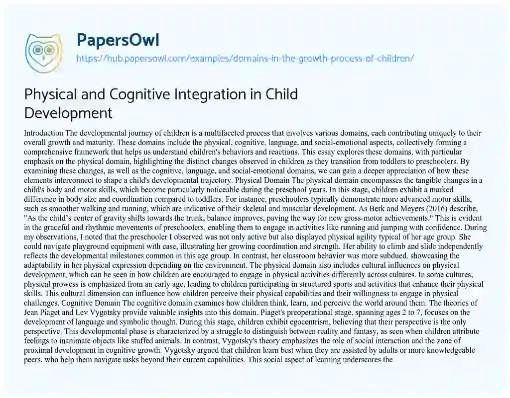 Essay on Physical and Cognitive Integration in Child Development