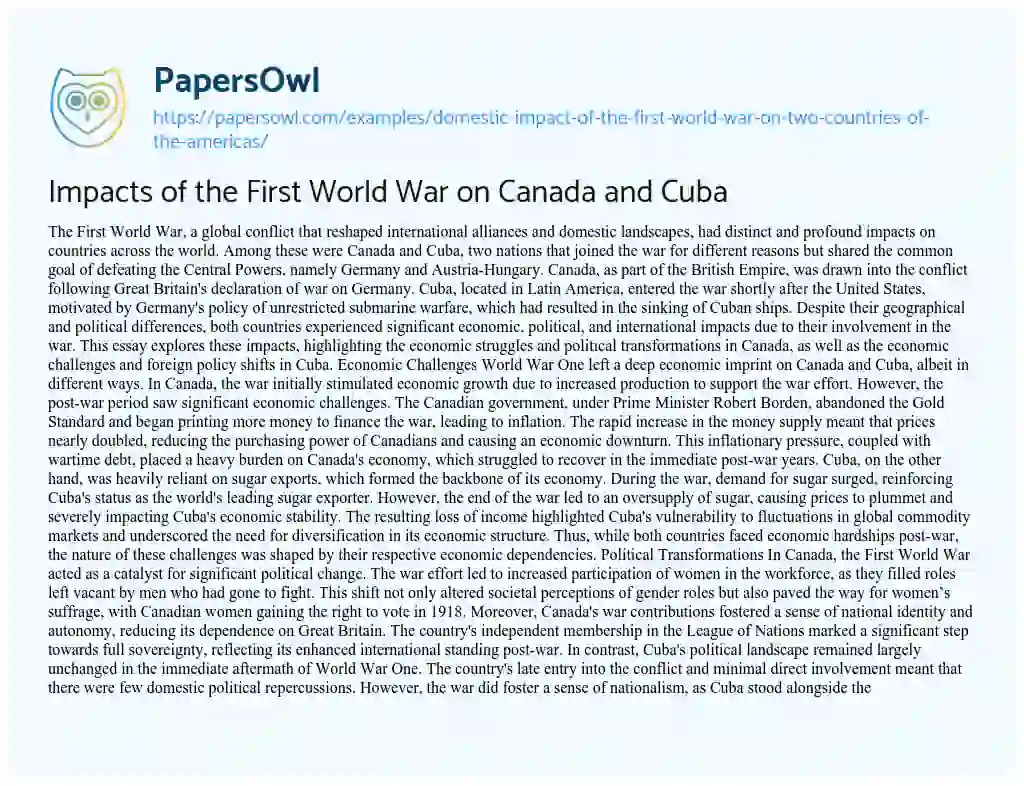 Essay on Impacts of the First World War on Canada and Cuba
