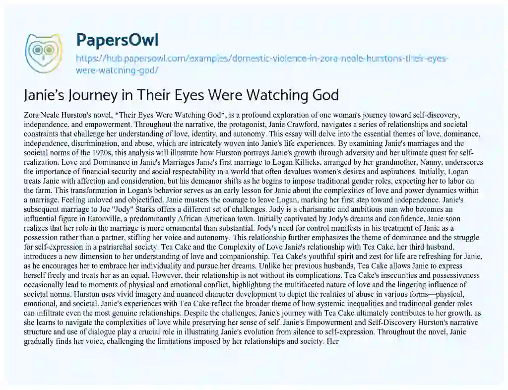 Essay on Janie’s Journey in Their Eyes Were Watching God