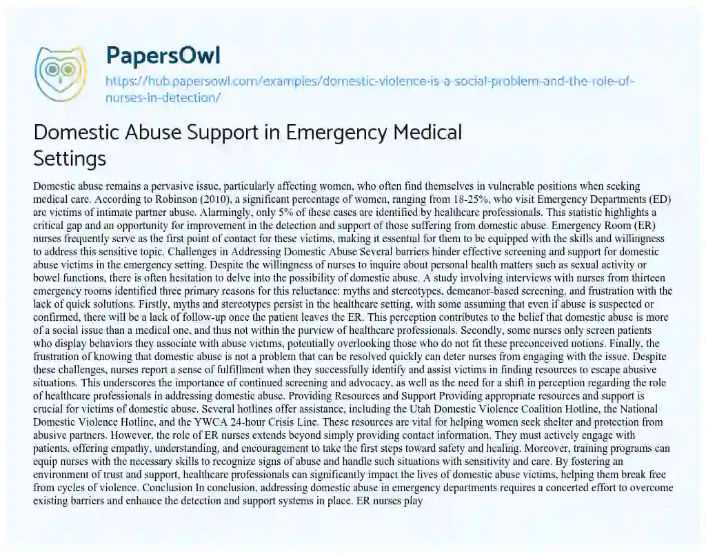 Essay on Domestic Abuse Support in Emergency Medical Settings