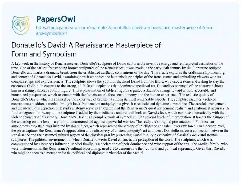 Essay on Donatello’s David: A Renaissance Masterpiece of Form and Symbolism