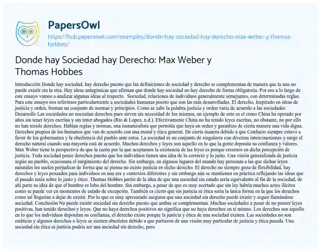 Essay on Donde hay Sociedad hay Derecho: Max Weber y Thomas Hobbes
