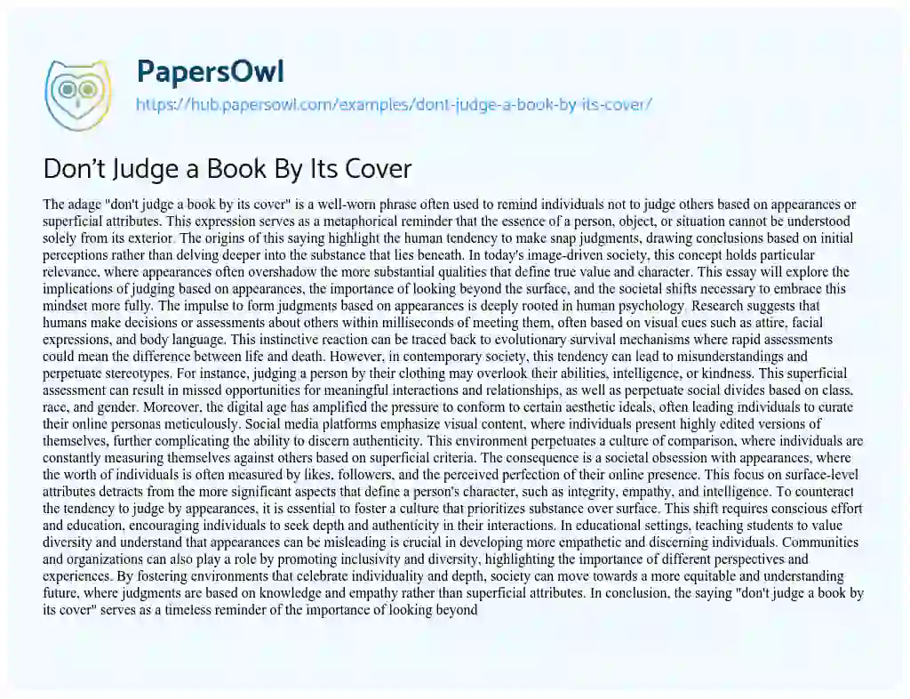 Essay on Don’t Judge a Book By Its Cover