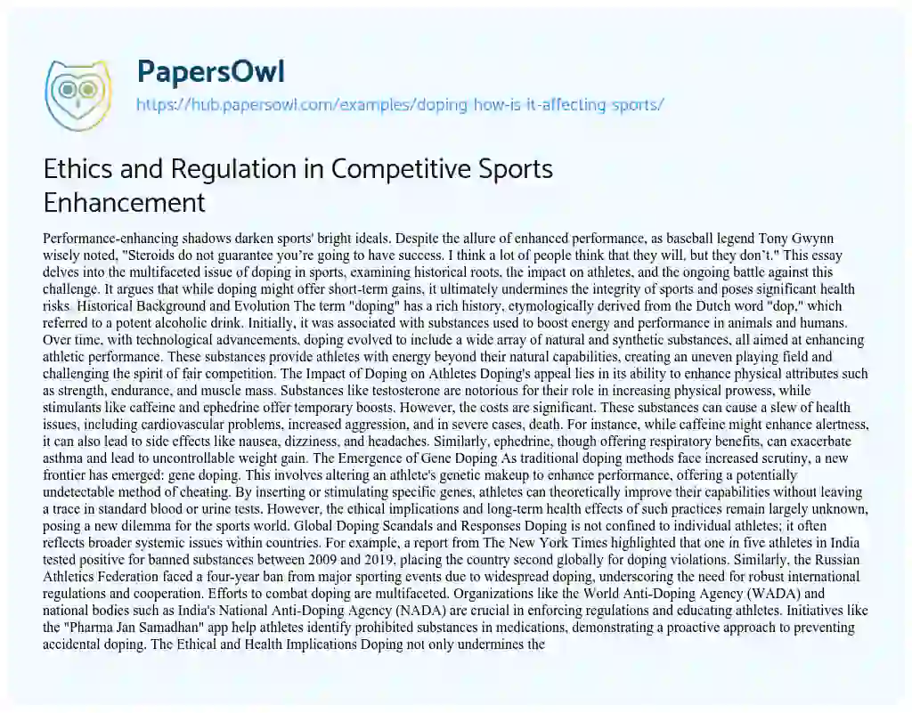 Essay on Ethics and Regulation in Competitive Sports Enhancement