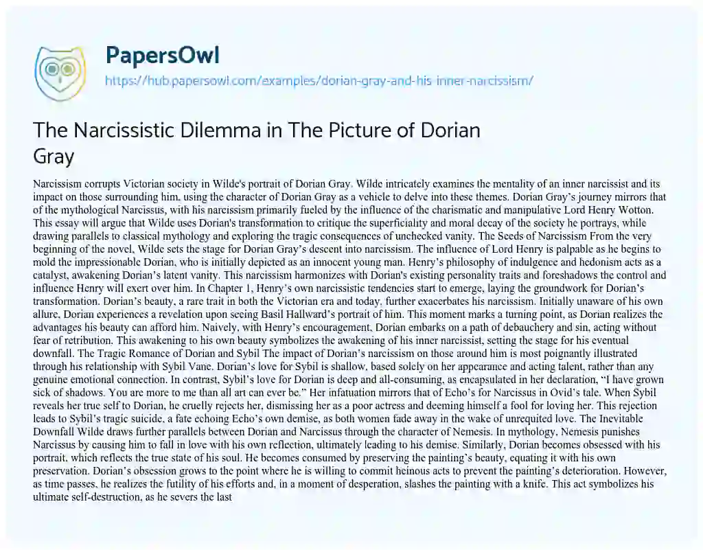Essay on The Narcissistic Dilemma in The Picture of Dorian Gray