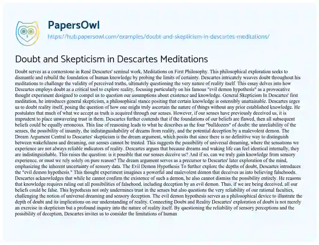 Essay on Doubt and Skepticism in Descartes Meditations