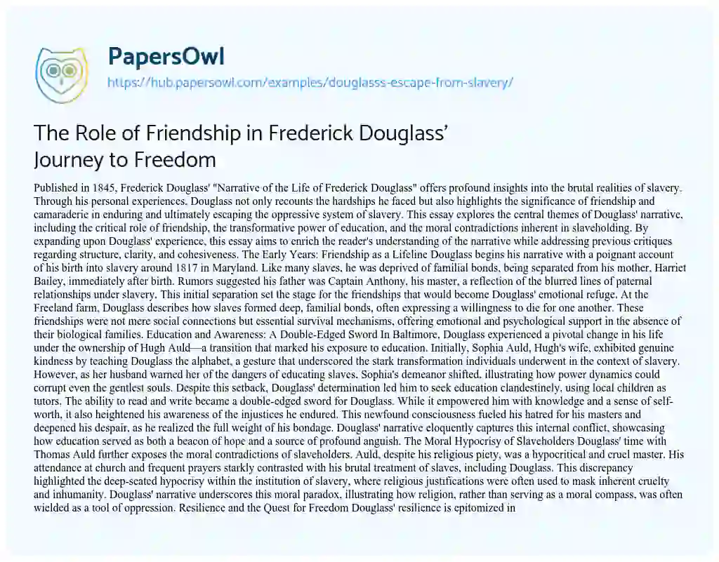 Essay on The Role of Friendship in Frederick Douglass’ Journey to Freedom