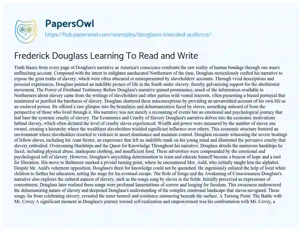 Essay on Frederick Douglass Learning To Read and Write