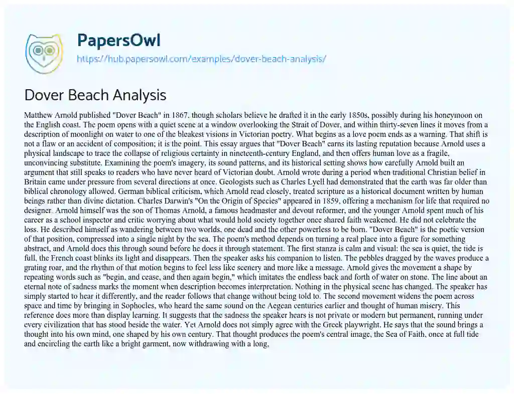 Essay on Dover Beach Analysis