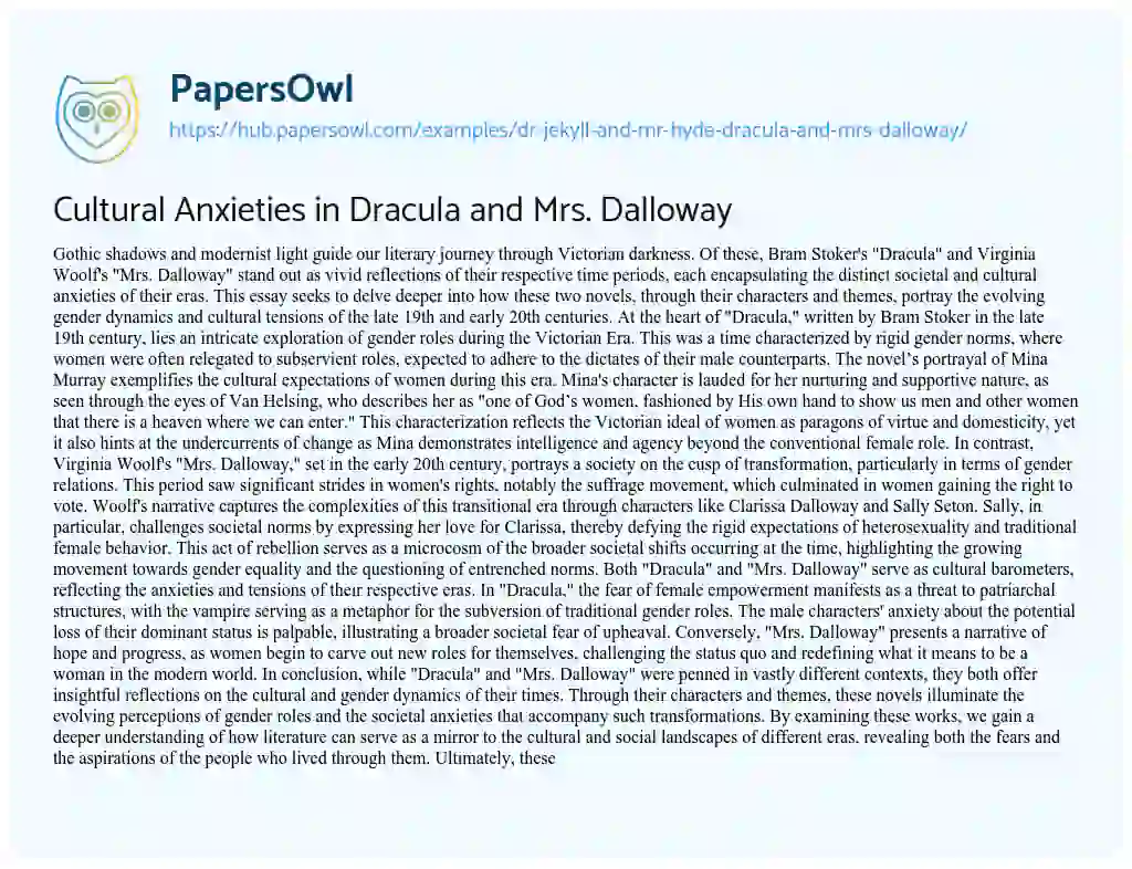 Essay on Cultural Anxieties in Dracula and Mrs. Dalloway